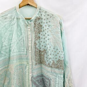 Johnny Was Aqua Blue Embroidered long Sleeve Button Down Blouse